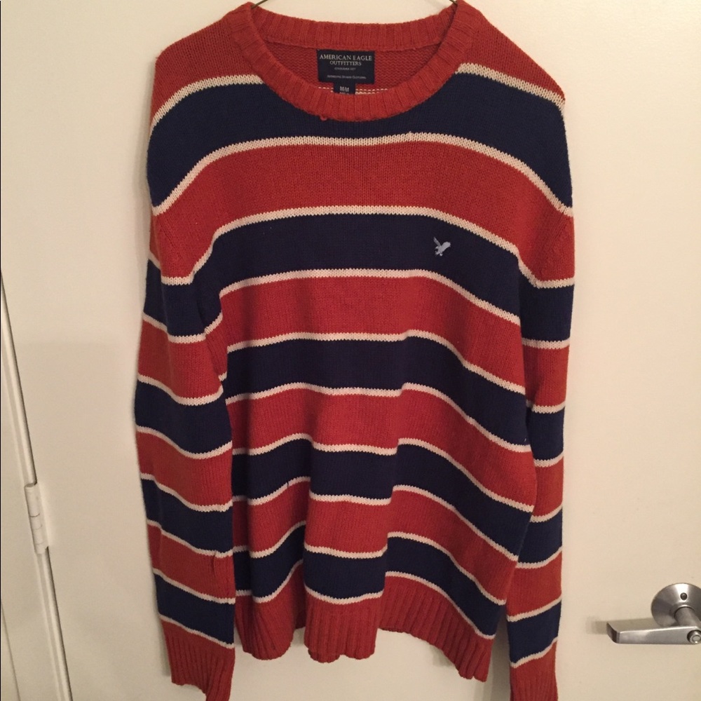 Men’s Orange and Blue Striped Wool Blend Sweater